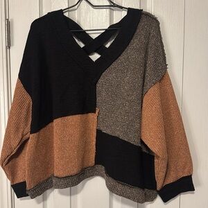 POL Black Brick Color Block Long Sleeve Sweater with Criss Cross Back Detail